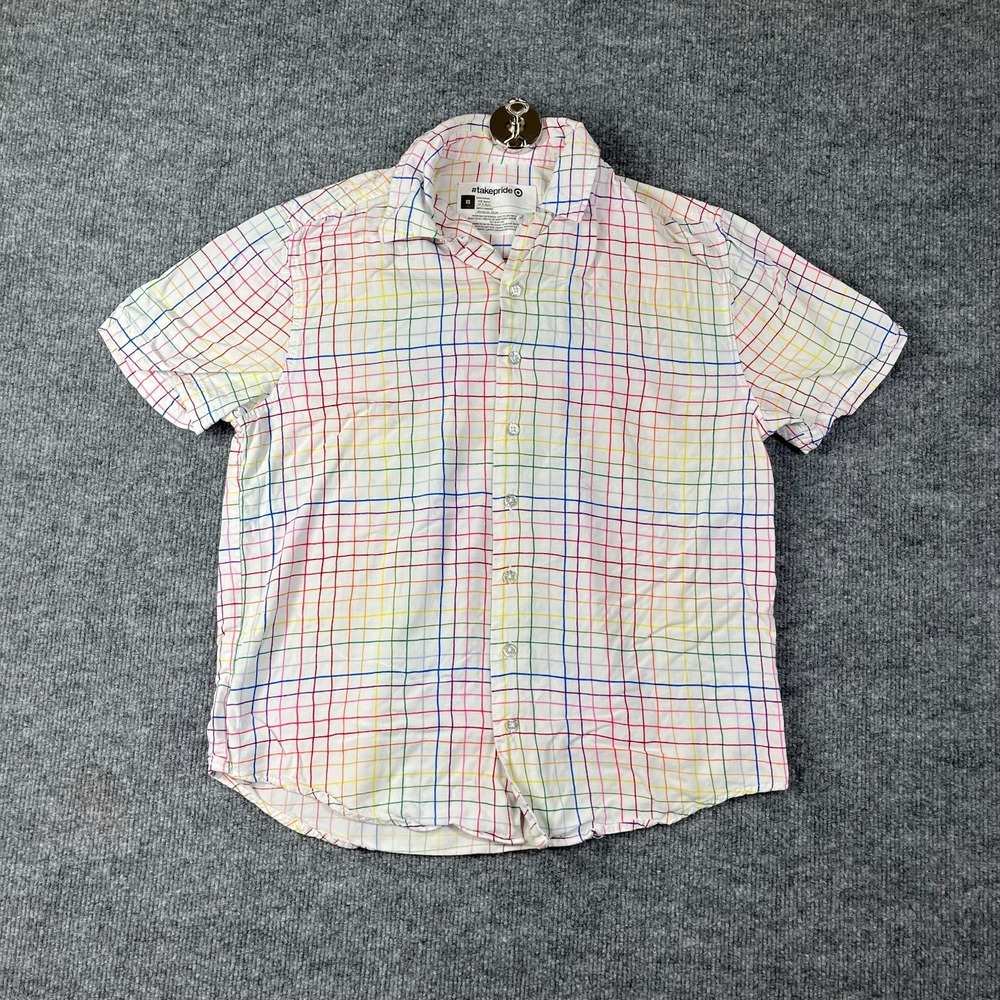 Target Take Pride Shirt Mens XS‎ Multi Grid Camp Collar Shirttail Hem Button Up